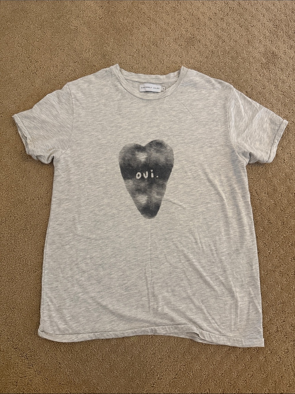 Vince Light Gray Tee with Black Heart 'oui.' Graphic